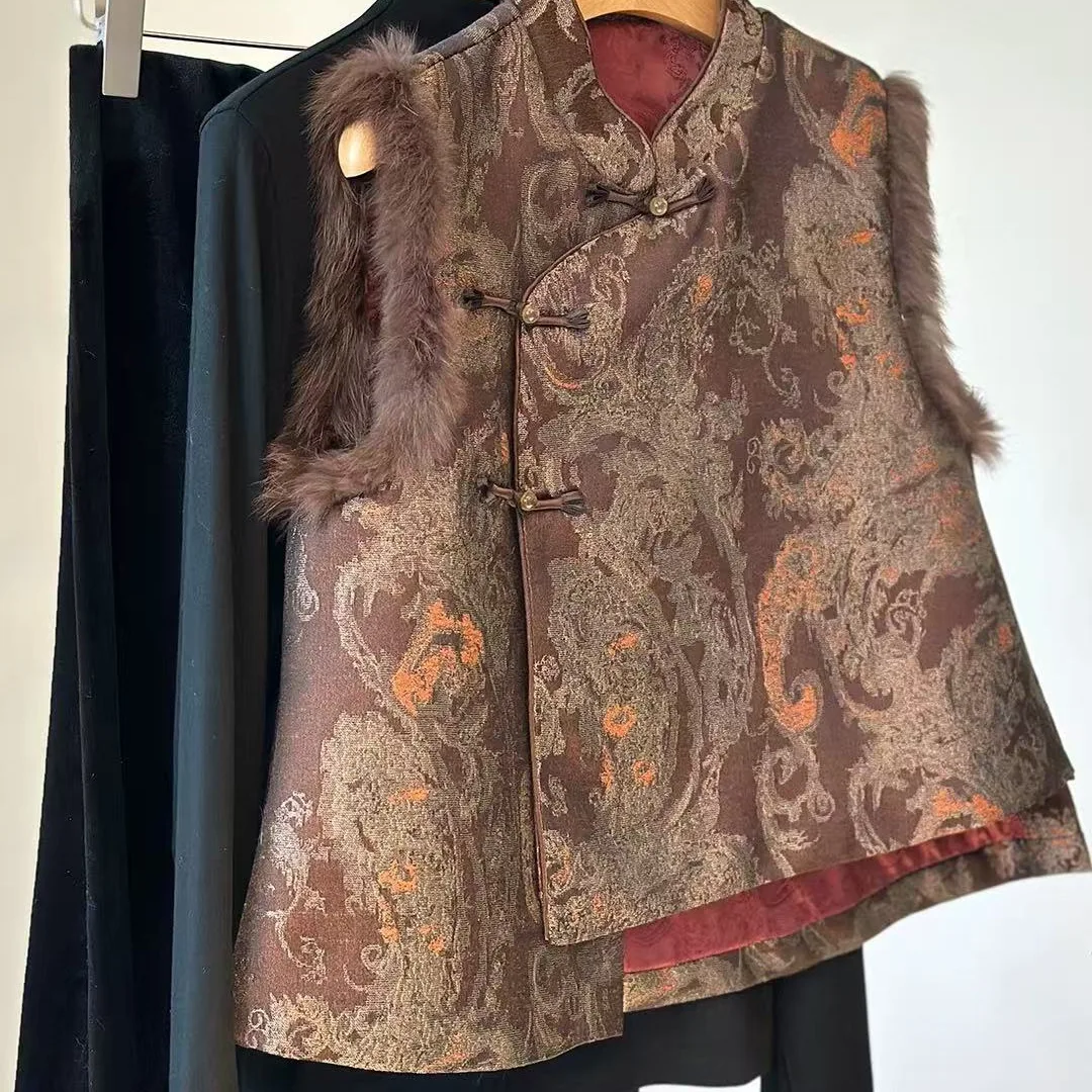 

2025 New High-Grade Chinese Style Elastic Jacquard Stitching Rabbit Fur Waistcoat Vintage Vest Warm
