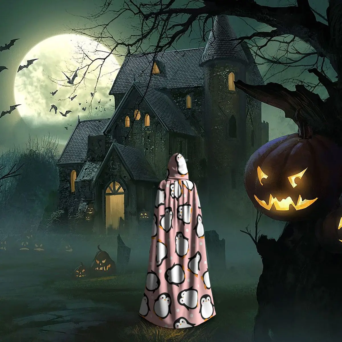 Cute Penguin On Pink Long Hooded Cloak Witch Medieval Costume Cosplay Cape HalloweenCoat Adult Unisex view 5