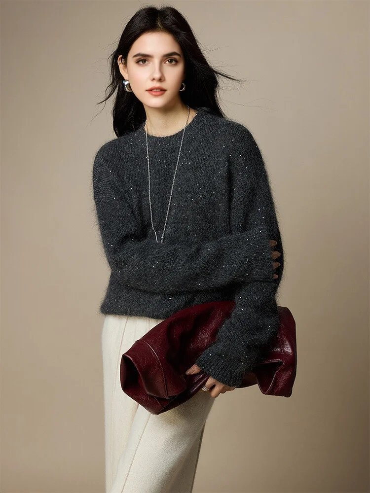 SuyaDream, Women Beadings Pullovers, 69%Mohair, Round Neck, Charcoal Heavy Sweaters, 2025 Fall Winter Warm Top