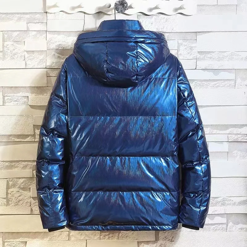 2029 Men Warm Down Jackets Solid Color Black Winter Snow Down Jackets Hooded Zipper Metal Shining Windbreaker Overcoat M-4XL