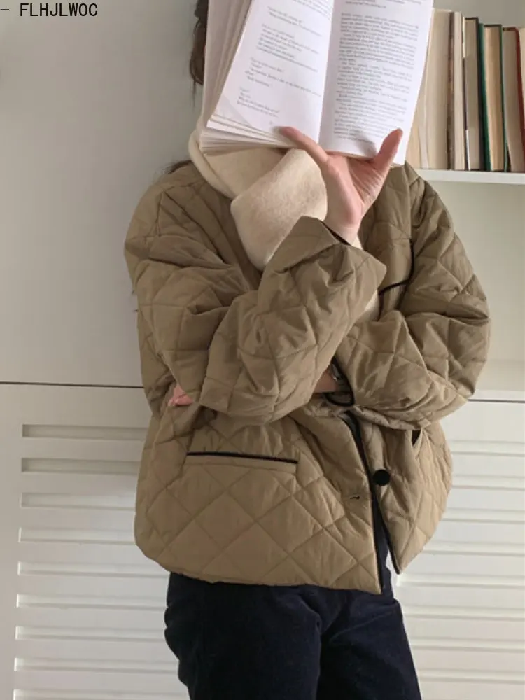 Heiße Verkäufe Frauen Winter Warme Oberbekleidung Nette Japan Koreanische Rundhals Plaid Baumwolle Langarm Anzug Kurz Quilted Mäntel