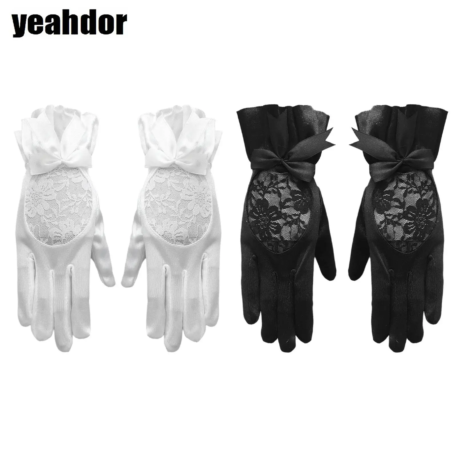 

1 Pair Lace Gloves Sheer Floral Ruffles Bowknot Satin Gloves Full Finger Wrist-length Gloves Mitten for Wedding Flapper Party