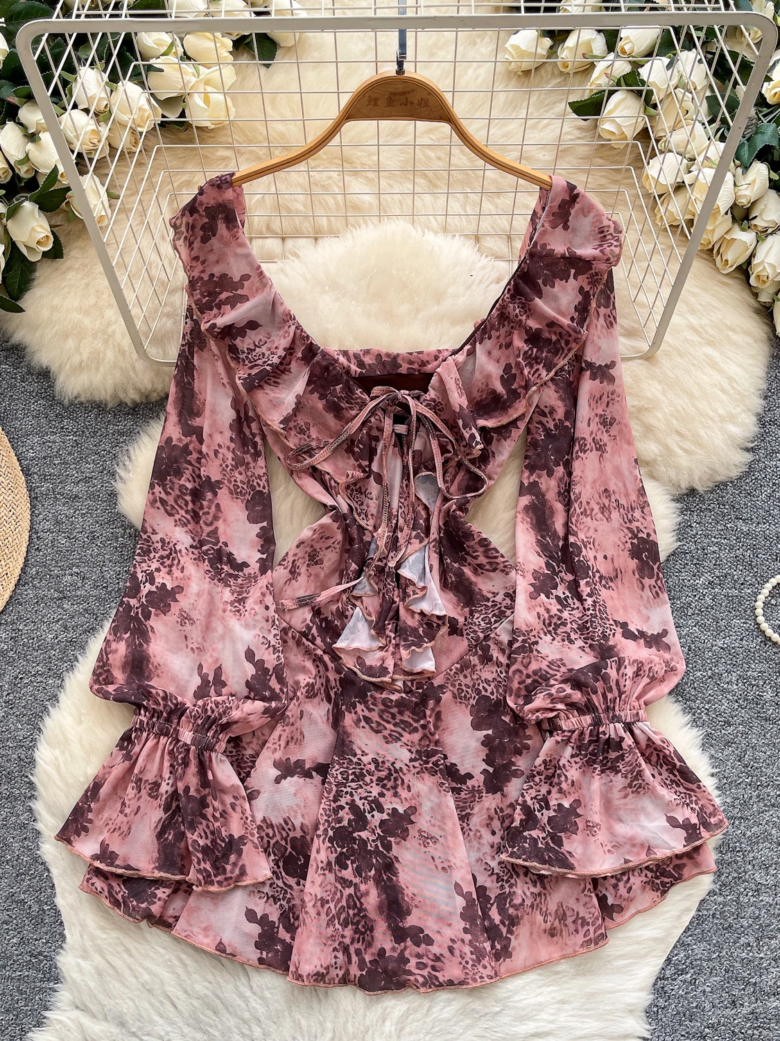 

Pure Desire Spicy Girl Floral Print Slimming ort Dr Women's Autumn High Waist Bell Sve Patchwork A-Line Skirt