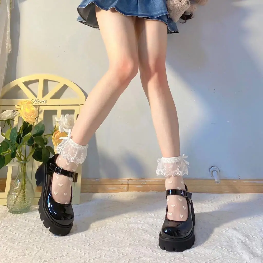 

Lace Socks Lolita Transparent Mesh Crew Socks Sweet Ruffled Bowknot Cute Love Heart Pattern Summer Thin Ankle Socks Underwear