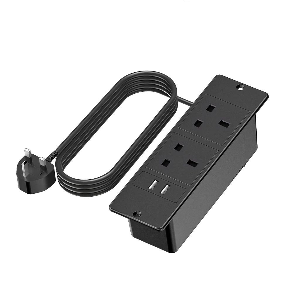 UK Plug Black Recessed Power Strip 3250W Surge Protector 2 USB Ports Flat Plug Mounted Hidden Desktop Outlet for Home Office