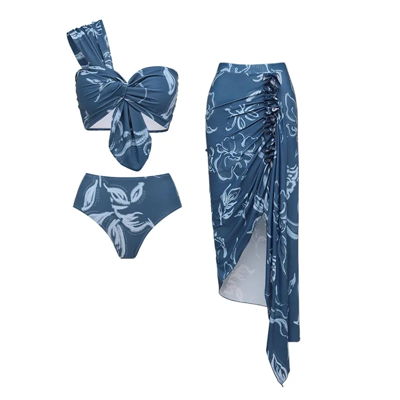 

Новый женский сексуальный купальник с одним открытым плечом и принтом, комплект бикини, летний женский купальный костюм с накидкой, пляжная одежда для женщин