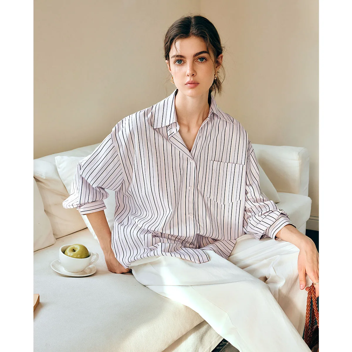 

OLrain полосатая рубашка с длинными рукавами, женская осень 2024, рубашки и блузка на пуговицах с лацканами, шикарная женская одежда N57CC96130