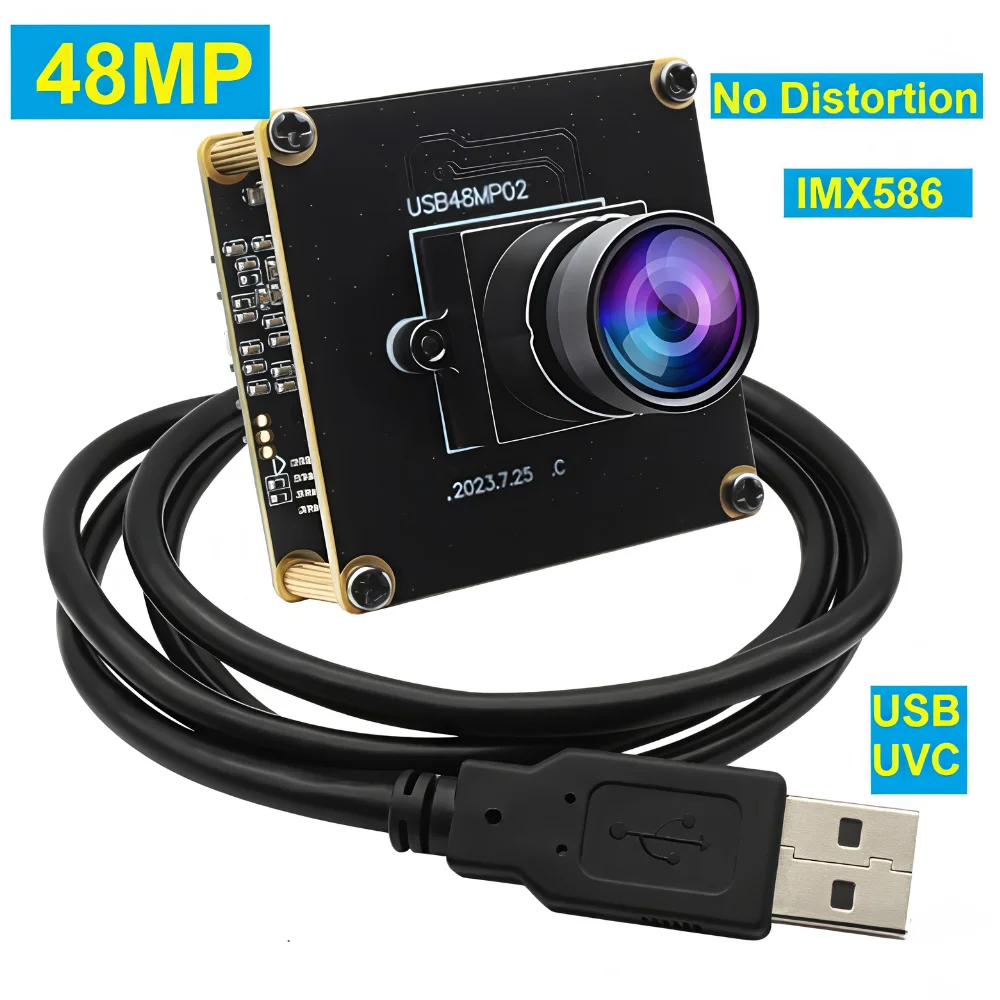ELP 48MP USB Camera No Distortion 8K Ultra HD Webcam 100° Wide Angle Fixed Lens M12 Industrial PC Cam Plug & Play for Conference