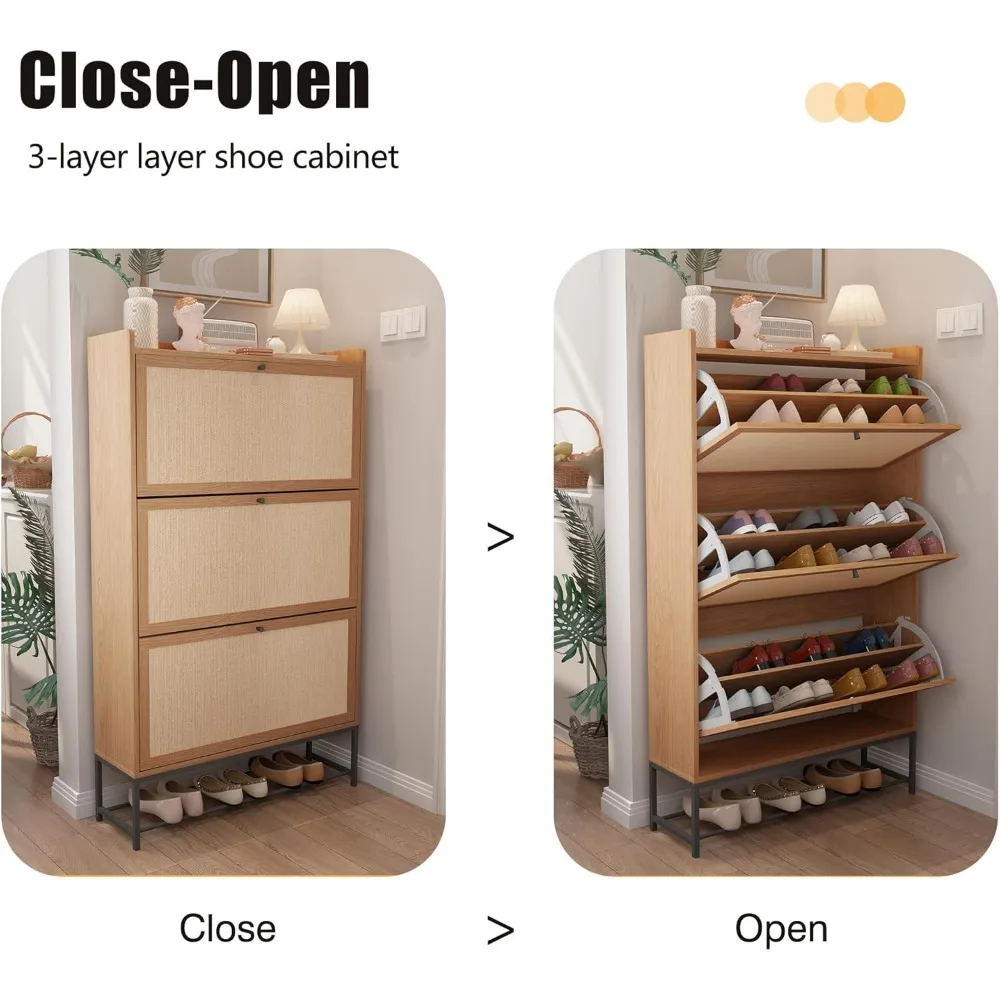 Narrow Shoe Storage Cabinet with 3 Flip Drawers, Freestanding Organizer Wooden Closed Shoe Rack, Slim Cabinet Storage