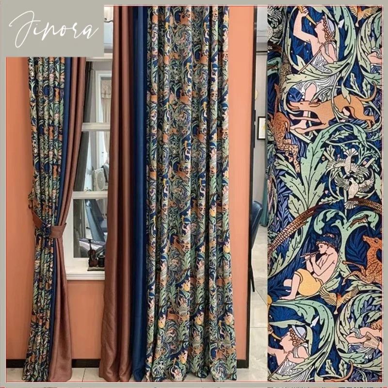 Printed Dining Blackout Window Decor Fashion Jacquard Cotton Linen Blue Luxury Curtains For Living Room Bedroom American Retro