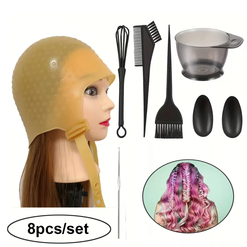 

8pcs/set Professional Hair Coloring Kit Salon Hairdressing Tipping Cap Reusable Highlight & Dye Coloring Hat with Hook Needle