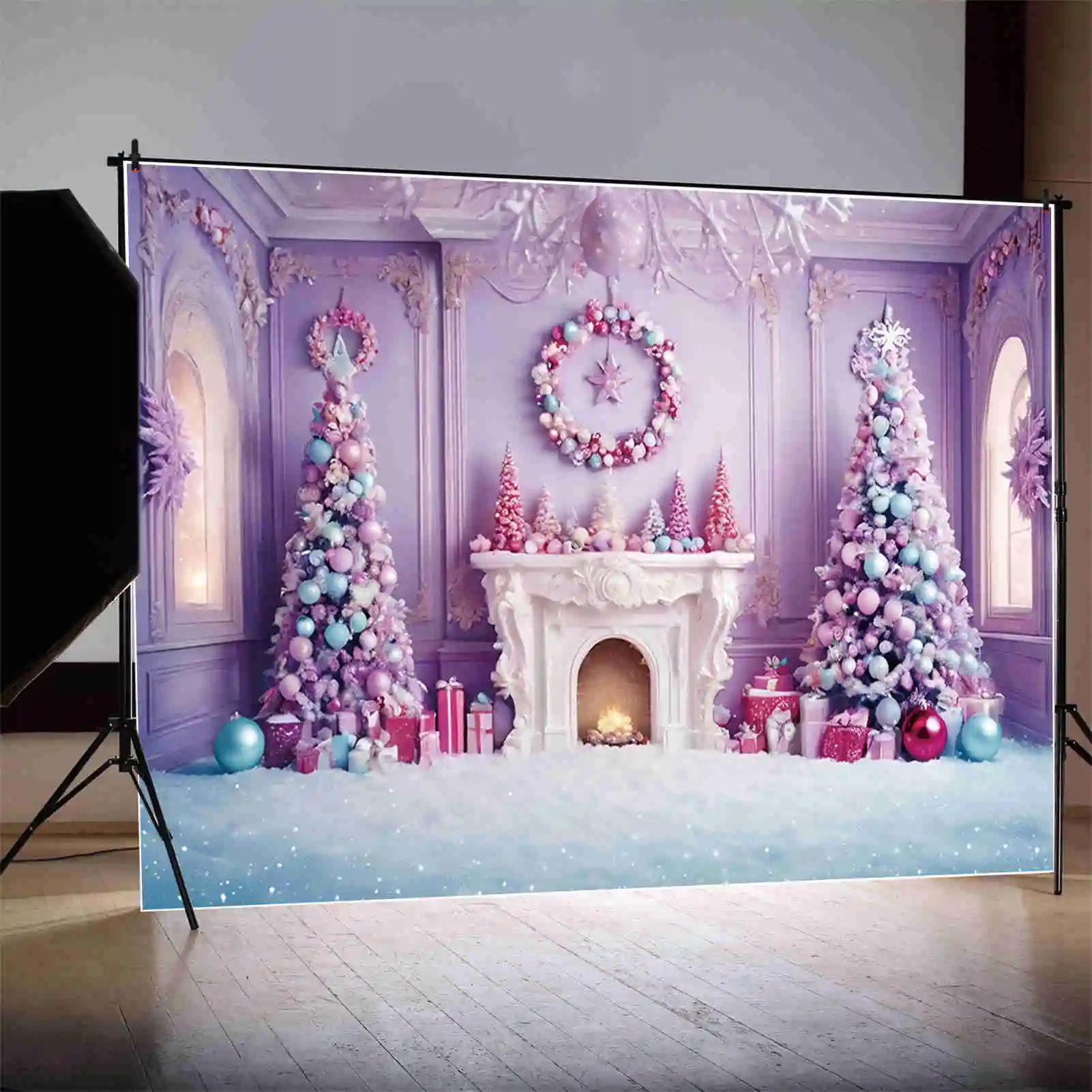 Maan. Qg Kerstboom Kerstboom Achtergronden Versierde Westerse Paarse Sneeuw Achtergrond Feest Decoratie Fotocall Accessoires