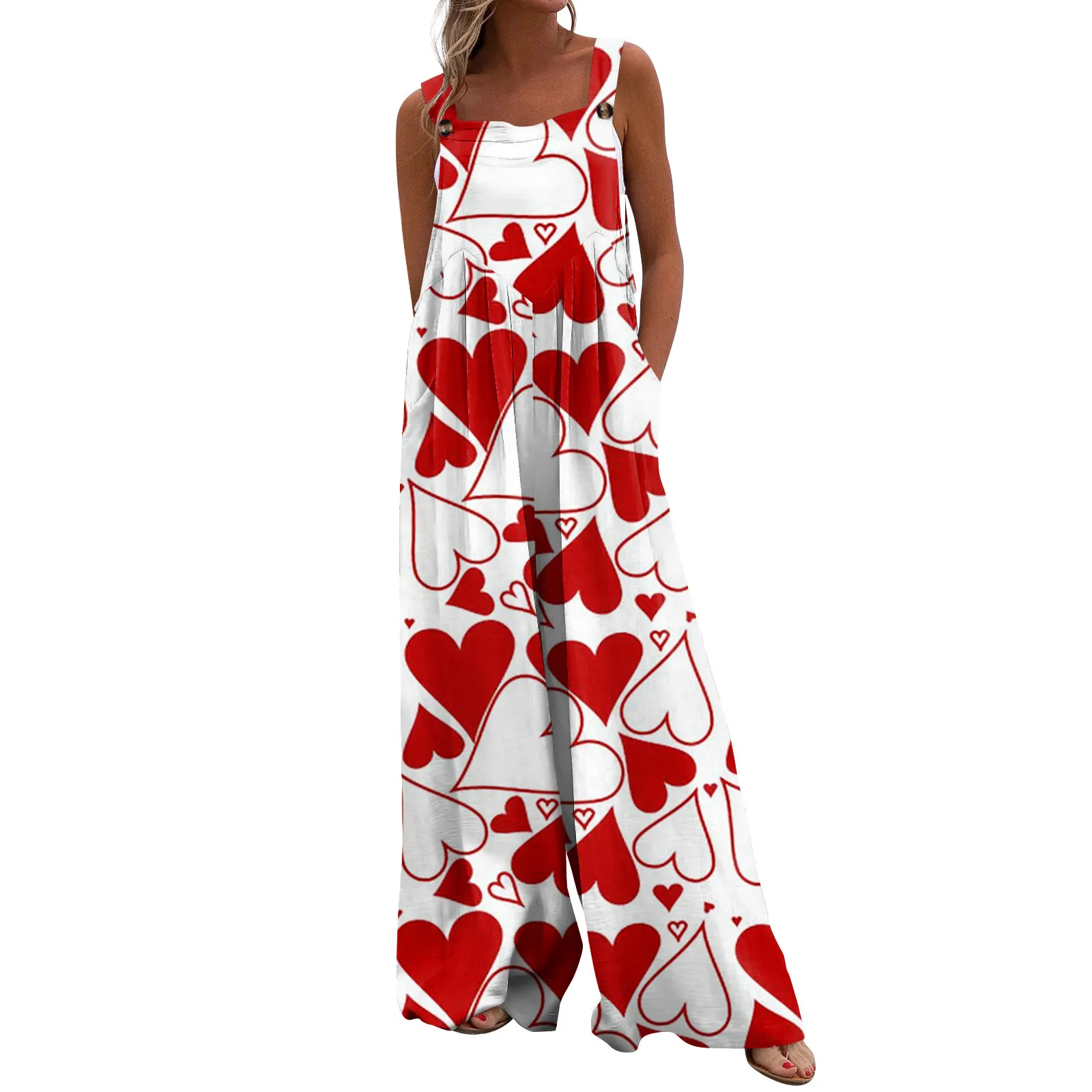 Wide Leg Jumpsuit Women Strap Valentine'S Day Jumpsuits Sleeveless Rompers Loose Wide Leg Trousers One Piece Casual Overall