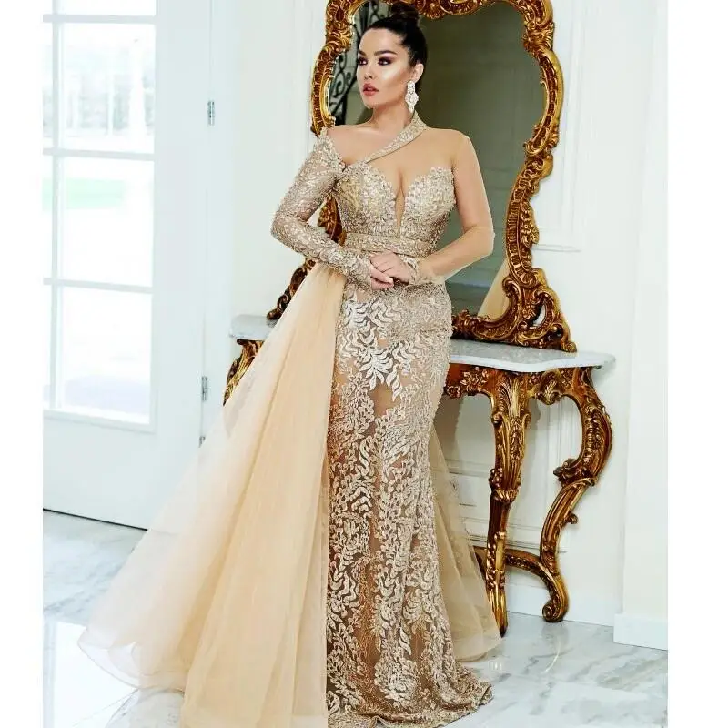 

Champagne Sexy Perspective Evening Dress Long Sleeve Lace Prom Dress Mermaid Banquet Party Wedding Large Customization