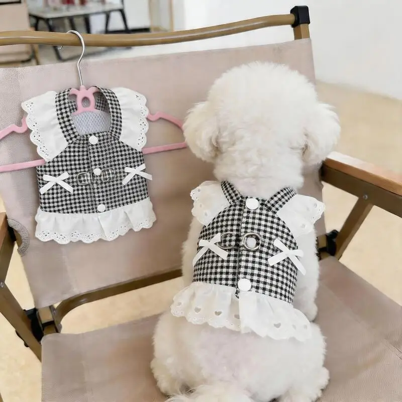 Dog Harness Dress for Small Dogs Lace Plaid Puppy Harness Vest Adjustable Walking Outfit Cute Pet For Breed Chihuahua Clothe - view 3