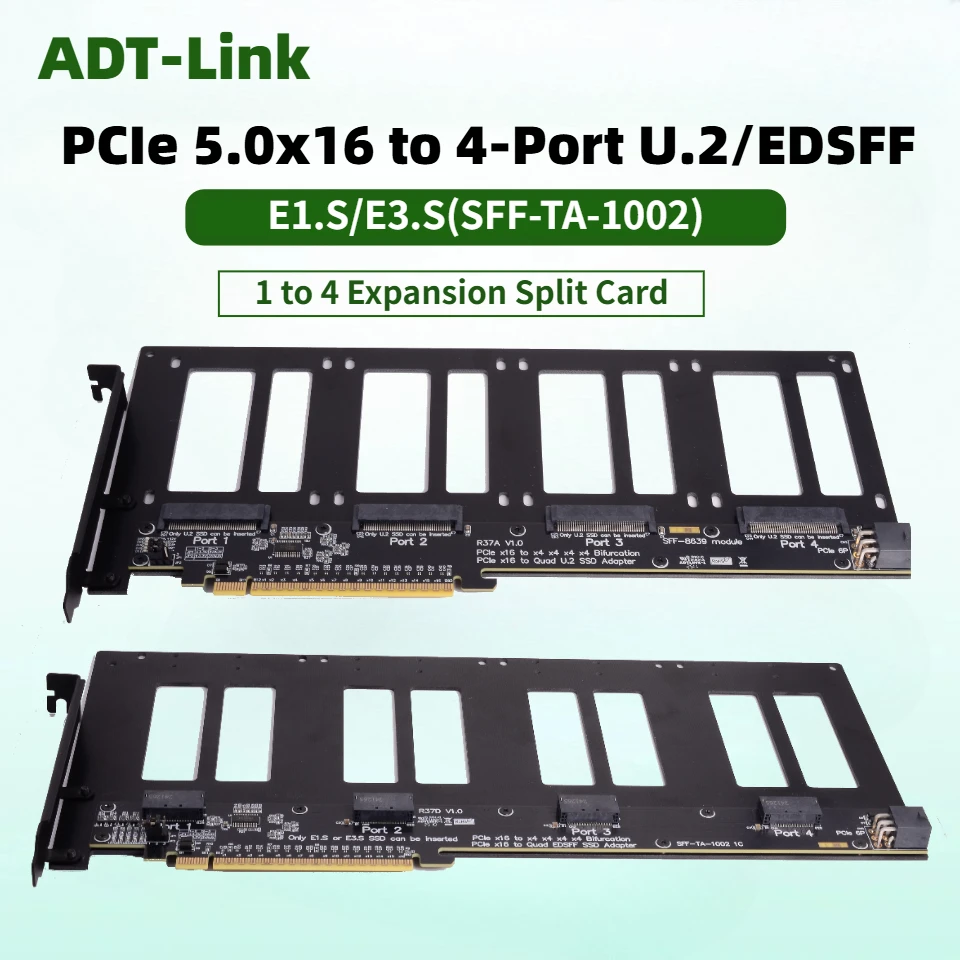 

PCIe 5.0 x16 to 4-Port Bifurcation Split Card GEN5 U.2 SSD/EDSFF E1.S/E3.S Hard Disk Split Expansion Card Dock for 1 Drive 4 GPU
