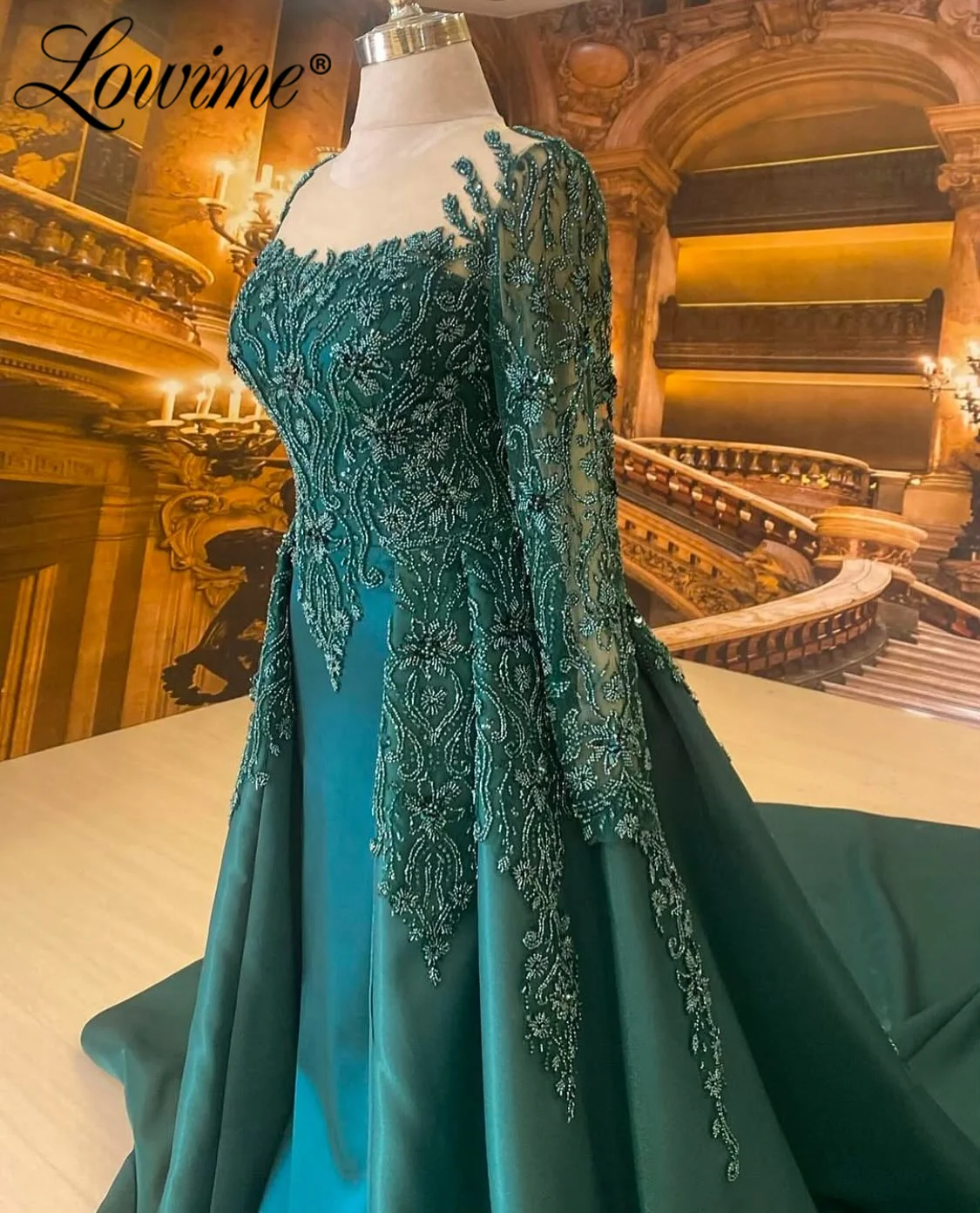 Robe de soirée formelle verte avec jupe, robes de soirée de mariage arabes de dubaï, personnalisées, manches longues, avec des appliques en dentelle, robes de bal