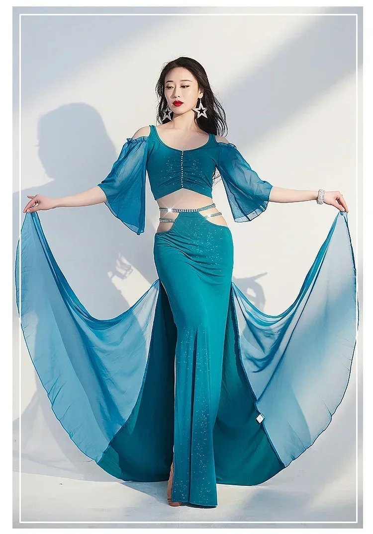 

Belly Dance Costume Set Women Oriental Practice Wear Professional Bellydance Top Solid Color Split Long Skirt Outfit Clothes