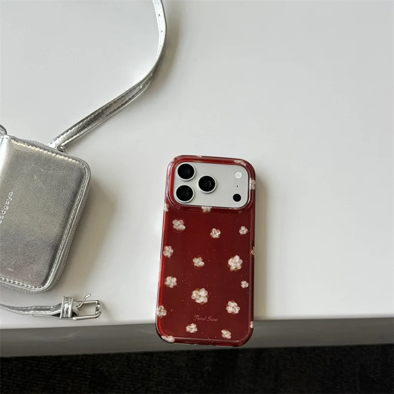

2026 Cute Glitter Flower For iPhone 17 Pro 16 15 14 Pro Max Phone Case Red Cover with Hand Strap Protective Cases