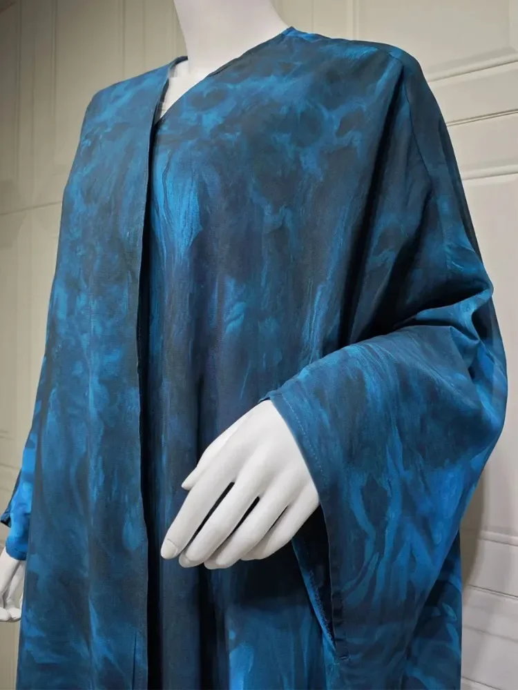 Eid mubarak roupas dubai elegante tie dye longo abaya para mulheres muçulmanas batwing manga maxi comprimento vestido