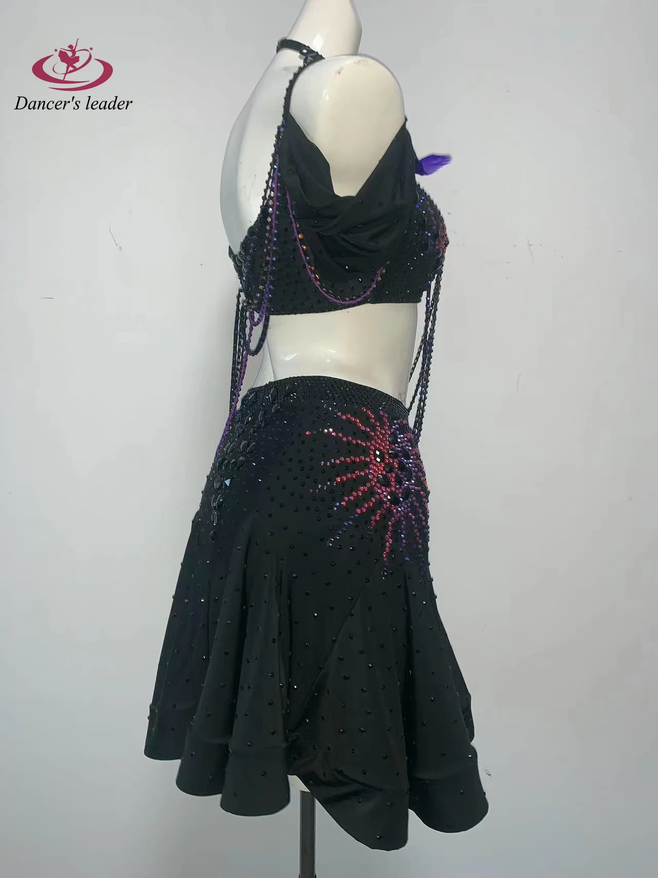 ラテンダンス衣装ダイヤモンド女性大人子供ハイエンドカスタマイズされた紫色の羽サンバパフォーマンスドレス