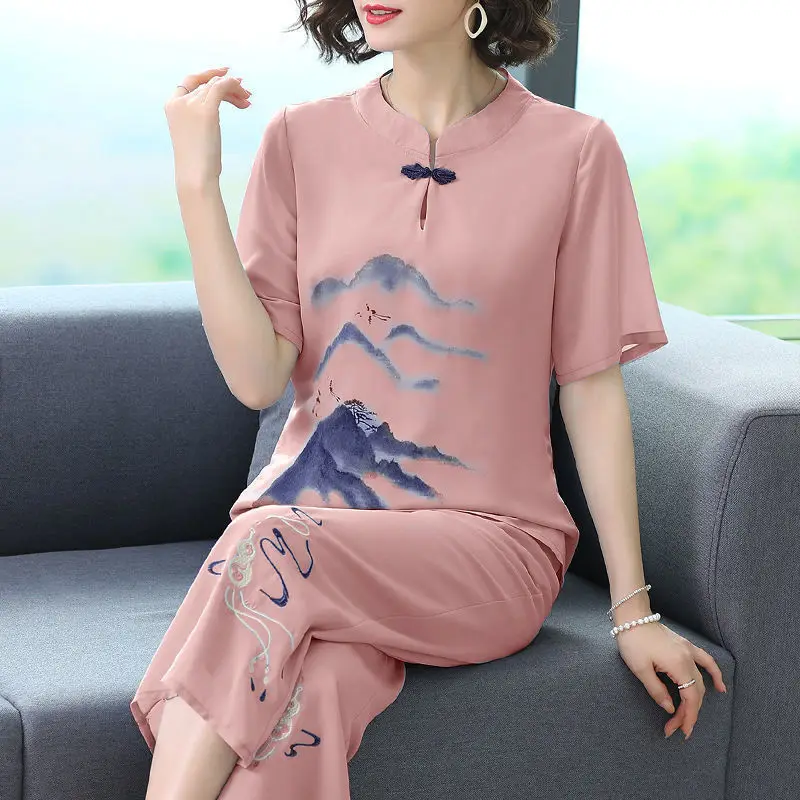 New Two-Piece Summer set Female New Embroidery Set Mother Middle-Aged Outfit Elderly Women\'s Ethnic Casual Suit