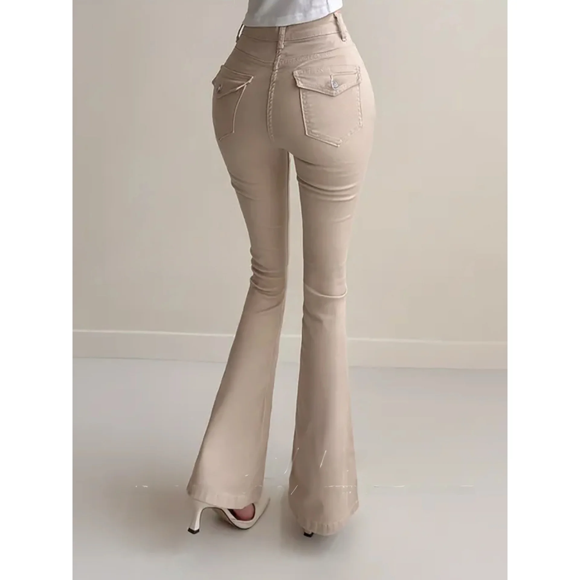 

Korean Milk Tea Color Simple Micro Flared Denim Jeans Women's Autumn New Elastic Slimming Butt Lifting Versatile Flared Pants