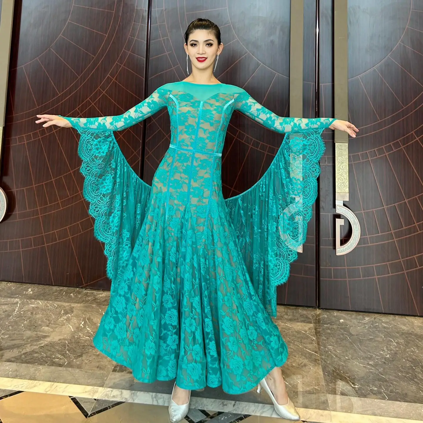 Waltz Dance Dress Women Ballroom Dance Competition Wear Long Sleeves Lace Dress Prom Tango Dance Performance Clothes BL19915
