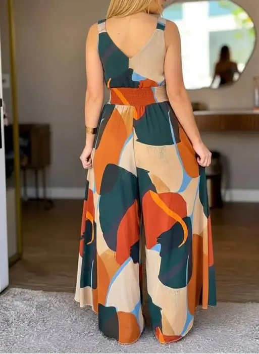 Jumpsuit Women 2026 New Abstract Print V-Neck Thick Straps High Waist Backless Overalls Casual Shirred Waist Wide Leg Jumpsuit