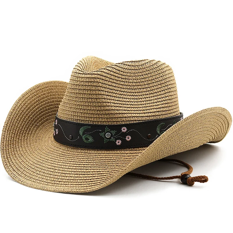 

beige Western Cowboy Hat Summer Men Kallaite Design Sombrero Hombre Chapeau Femme Straw Sun Hat Outdoor Jazz Beach Sunhat