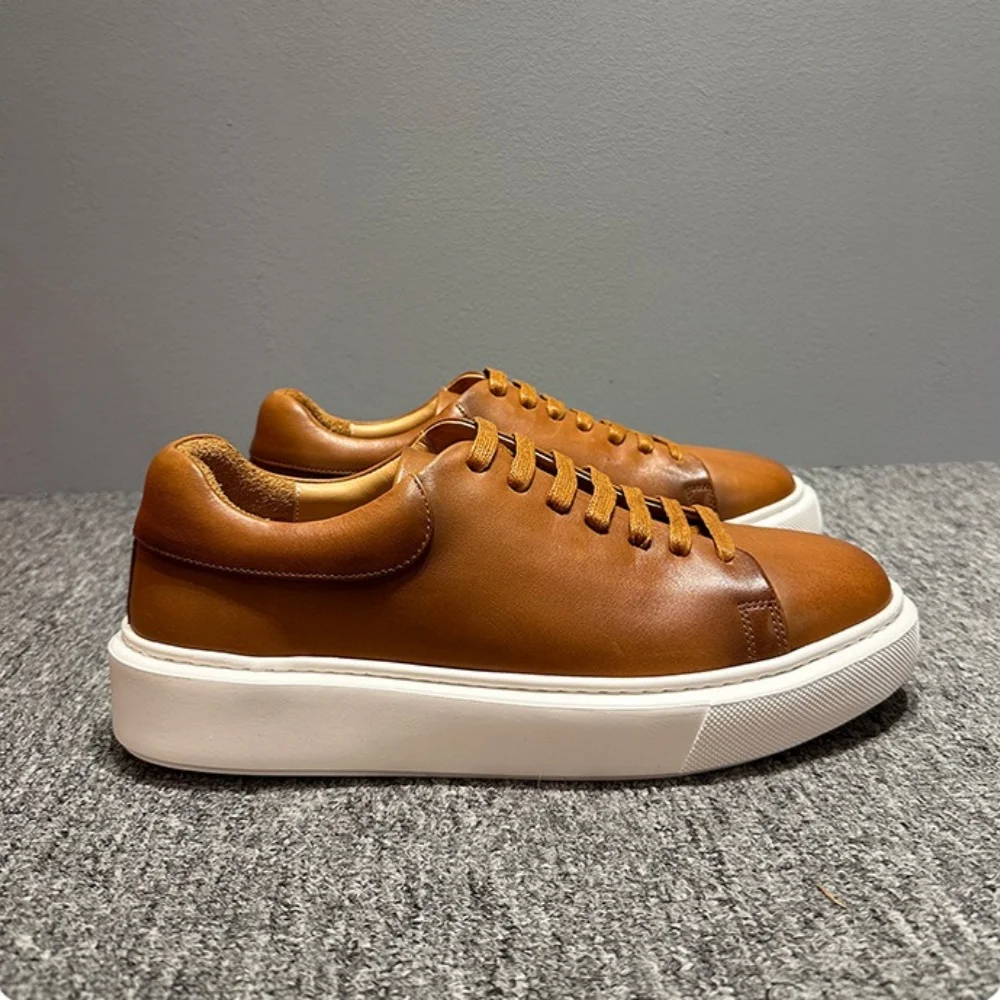 Men's Full-grain Cowhide Thick-Soled Durable Lace-Up Outdoor Casual Sneakers Korean Trendy Fashion Versatile Shoes