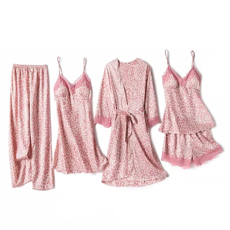 5PC Silk Robe Sleep Suit Womens Lace Satin Pajamas Gown Set  Cami Nighties Wear Pijama Home Nightwear Sexy Leopard Nightdress