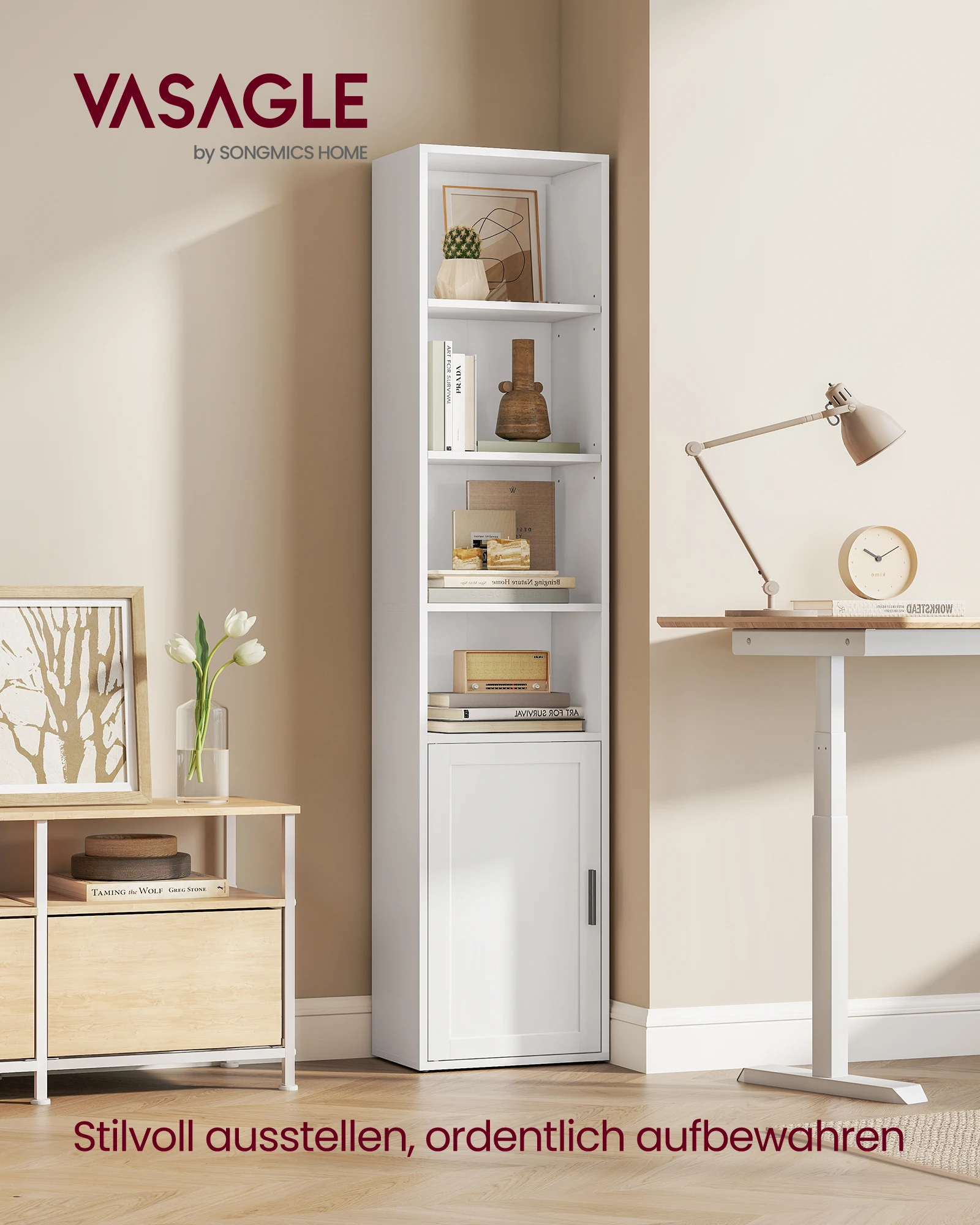 VASAGLE Custos Collection - Bücherregal, 6-stöckiges hohes Regal, Standregal mit Tür, offenes Aufbewahrungsregal