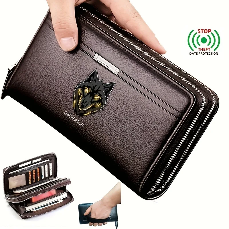 Wolf Head Pattern Men's Business Long Wallet Large Clutch Bag Handbag Wallet Card Bag Mobile Phone Bag Gift