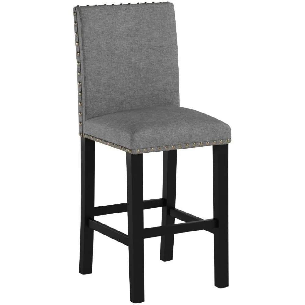 Conjunto de 4 bancos de bar com decoração de cabeça de prego Almofadas macias de 24 polegadas com bancos de pernas de madeira maciça (cinza)