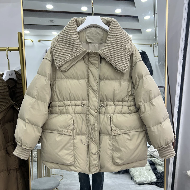 الشتاء متماسكة التلبيب لصق منتصف طول أسفل سترة الإناث الرباط سميكة الدافئة سترة المرأة الأبيض بطة أسفل جيب باركر أبلى