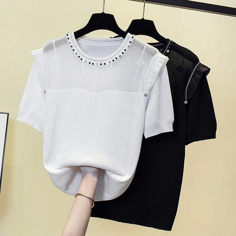 

Summer Ice Silk Diamond Knit Sweater Tshirt Women Smiling Sexy Hollow Stylish Fashion Loose Tees Tops Short Sleeve Knitwear