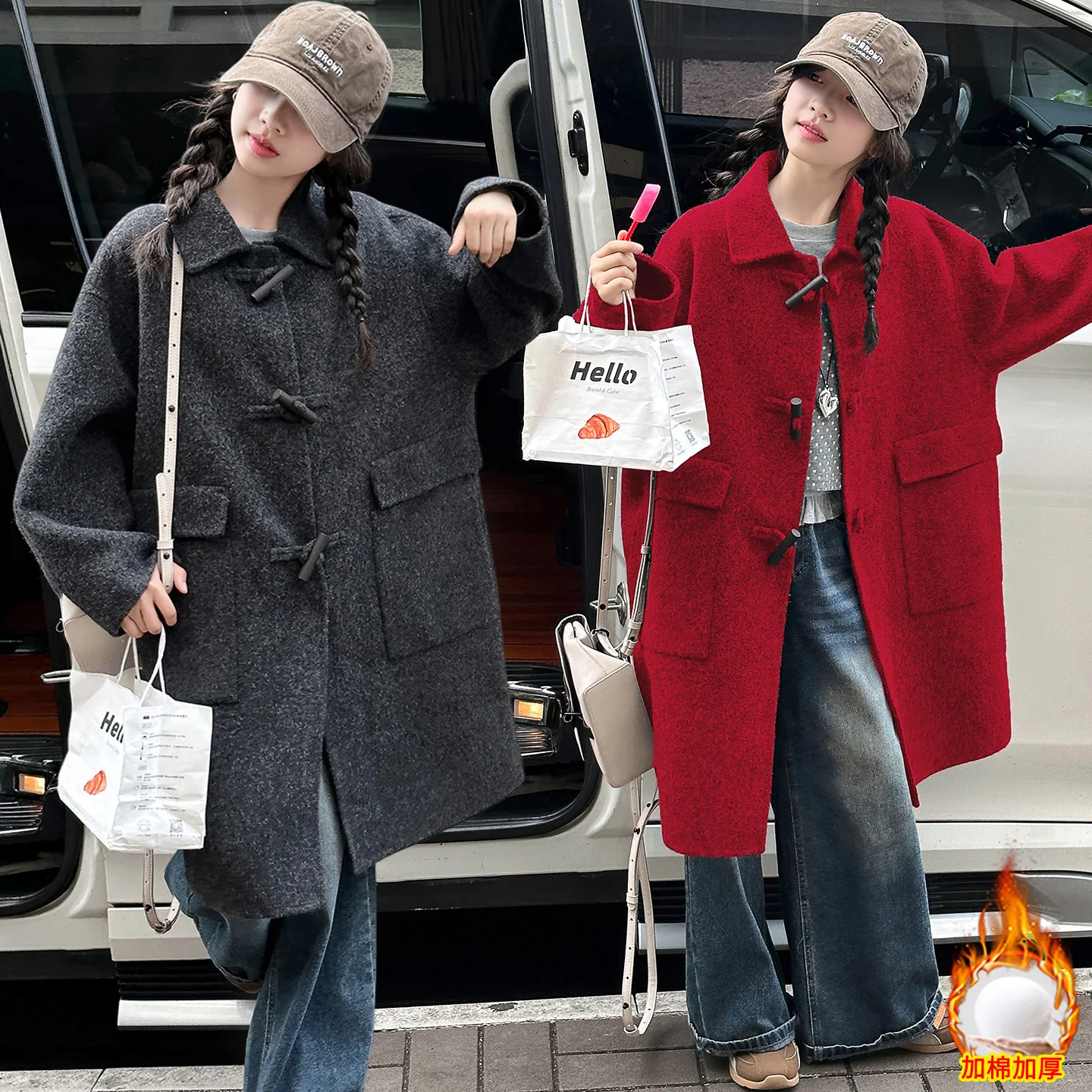 autumn winter horn button teen girl Soft gray red woolen overcoat junior kid warm length topcoat casual big child outerwear coat