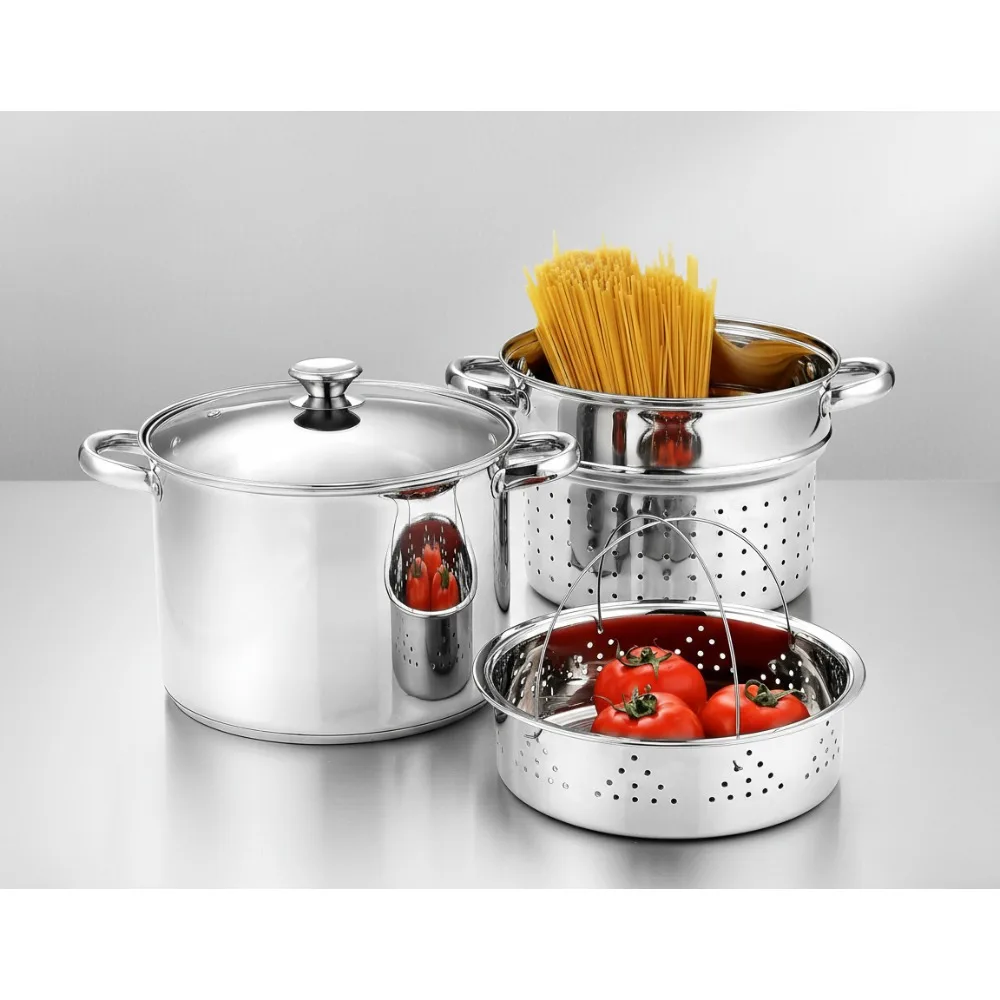 

4-Piece 8 Quart Stainless Steel Pasta Cooker Steamer Multipot for Home Chefs, Induction Compatible