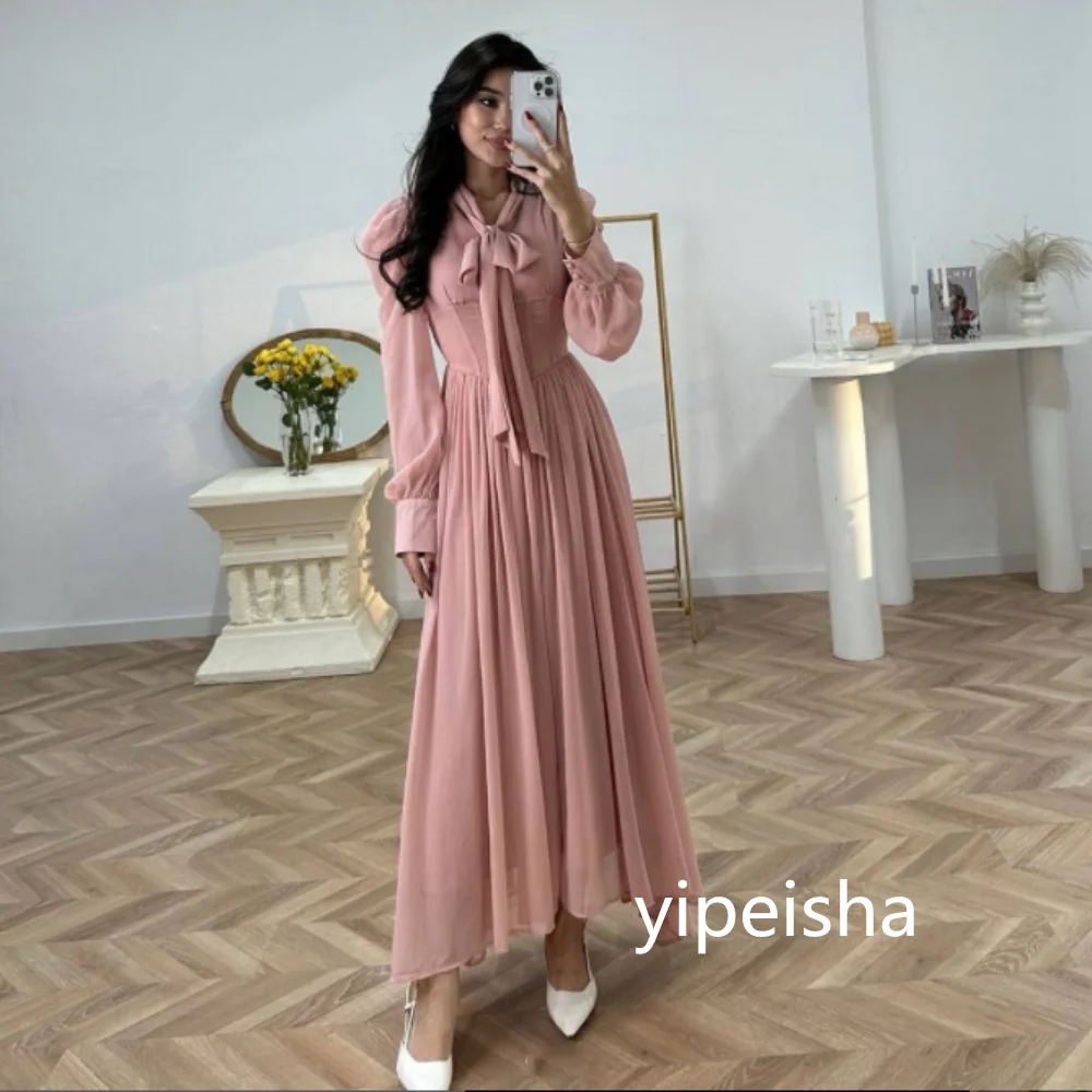 customized Bow A-line V-neck Chiffon Prom Dresses Anke length Draped Evening Dresses Simple Fashion pink Party Dresses