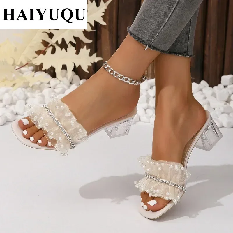 Pearls Pvc High Heels Sandals Women Transparent Crystal Shoes Summer Slippers 2025 Luxury Chunky Flip Flops Pumps Slides Mujer