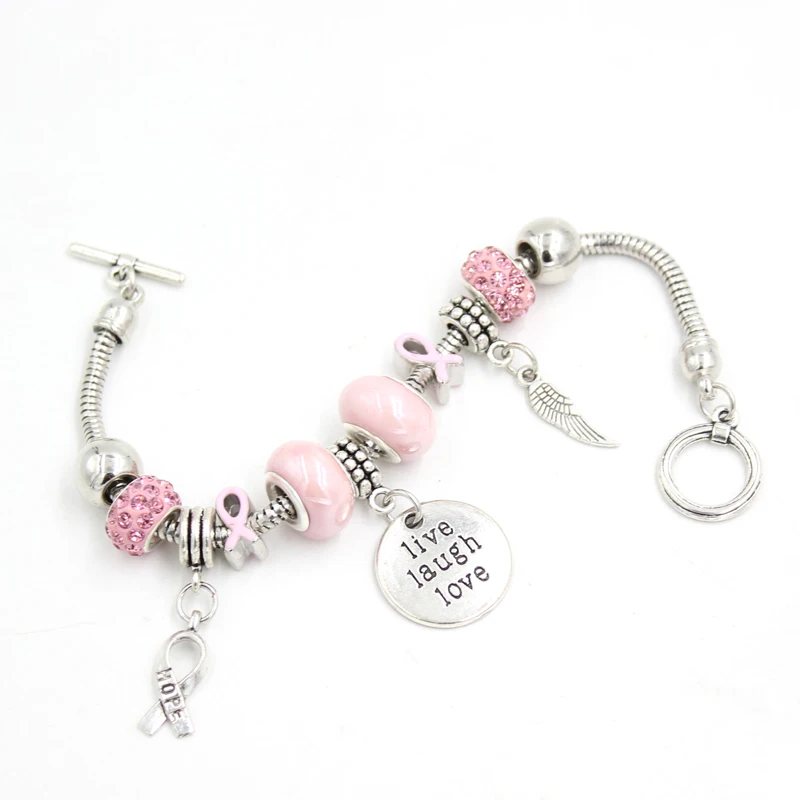 1PC Breast Cancer Awareness Bracelet Pink Ribbon Live Laugh Love Charms Bracelet For Breast Cancer Bijoux Pulsera