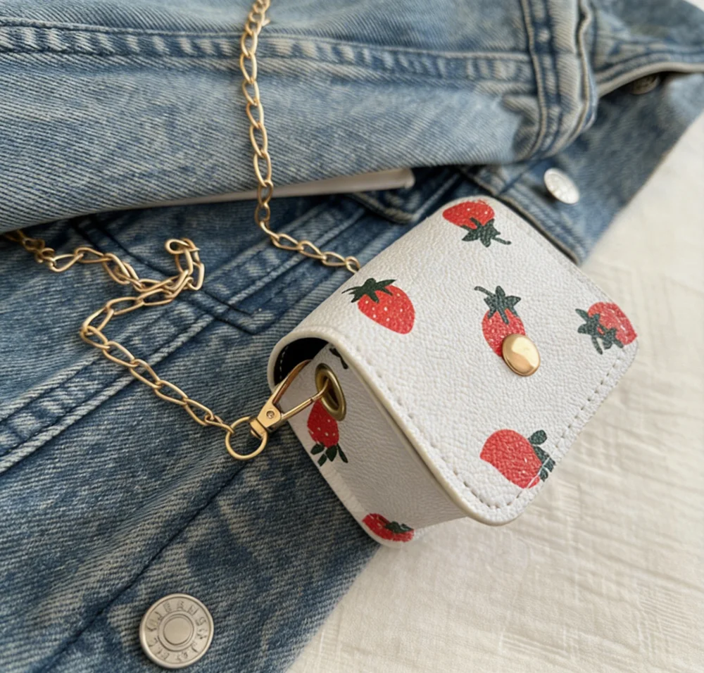 Cute Strawberry Mini Crossbody Bag For Kids GirlS PU Leather Chain Shoulder Bag Kawaii Small Coin Purse Fruit Print Handbag New