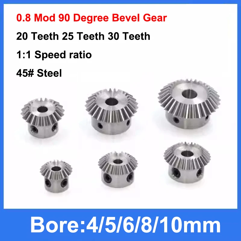 

1pc 1:1 Bevel Gear 0.8 Mod 20/25/30 Teeth 45# Steel Bore 4/5/6/8/10mm 90 Degrees Meshing Angle Steel Gears