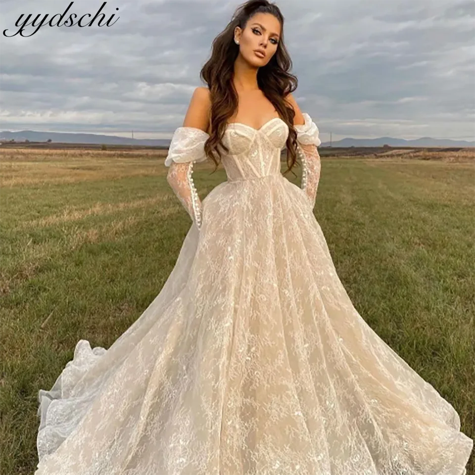 

Luxury Lace Appliques Sweetheart A Line Evening Wedding Dresses 2024 Long Sleeves With Court Train Tulle Bridal Gowns For Women