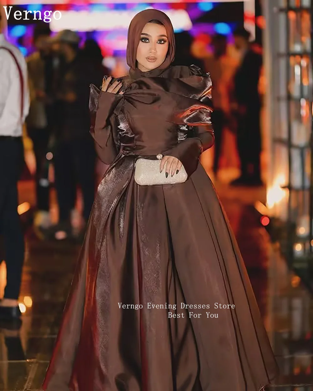 Verngo Brown Satin Formal Occasion Dresses High Neck A Line Prom Party Dress Muslim Dresses For Special Events Customized