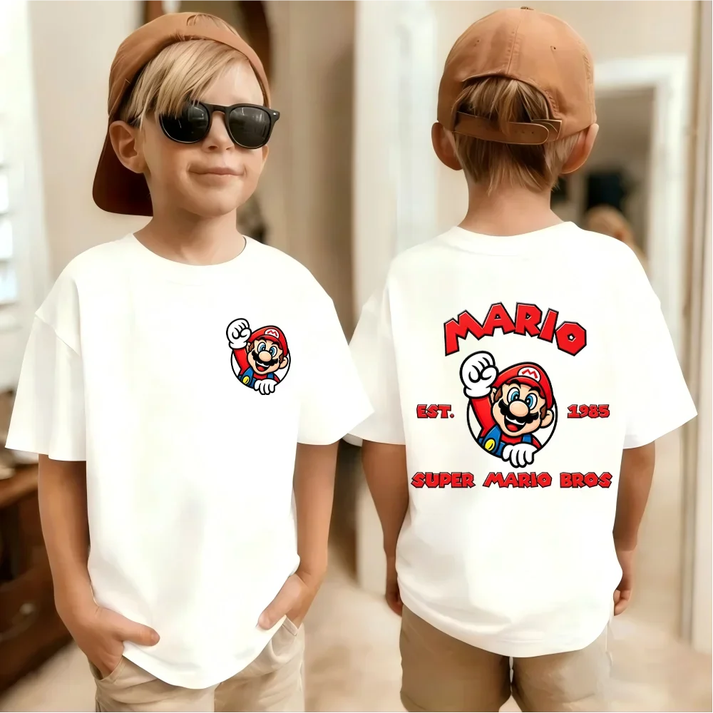 2026 New Kids' Japanese Game Character Cartoon Super Bros Crew Neck T-Shirt, Cute Loose Summer Parent-Child Cosplay Top