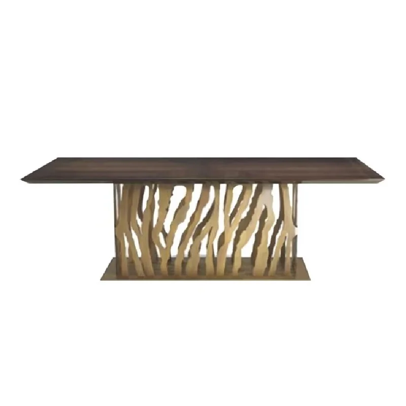 hj-Italian Luxury High Glossy Natural Wood Veneer Top Dining Room Furniture Set Stainless Steel Trim Dining Table%