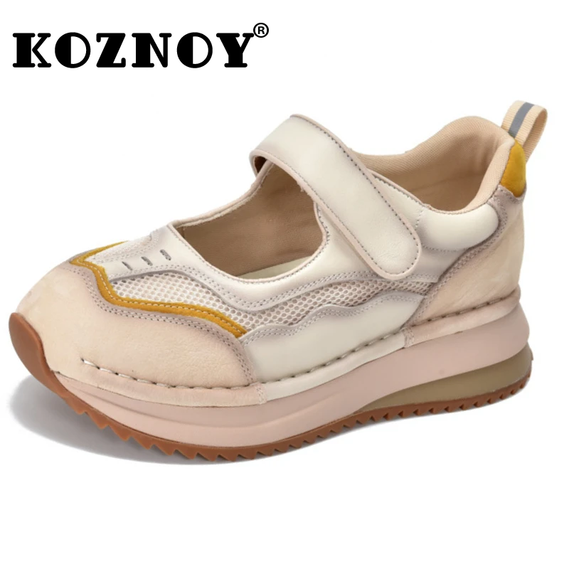 

Koznoy 4cm Air Mesh Genuine Leather Mixed Color Loafer Sandals Flats Comfy Hook Booties Chunky Sneakers Summer Women Shoes
