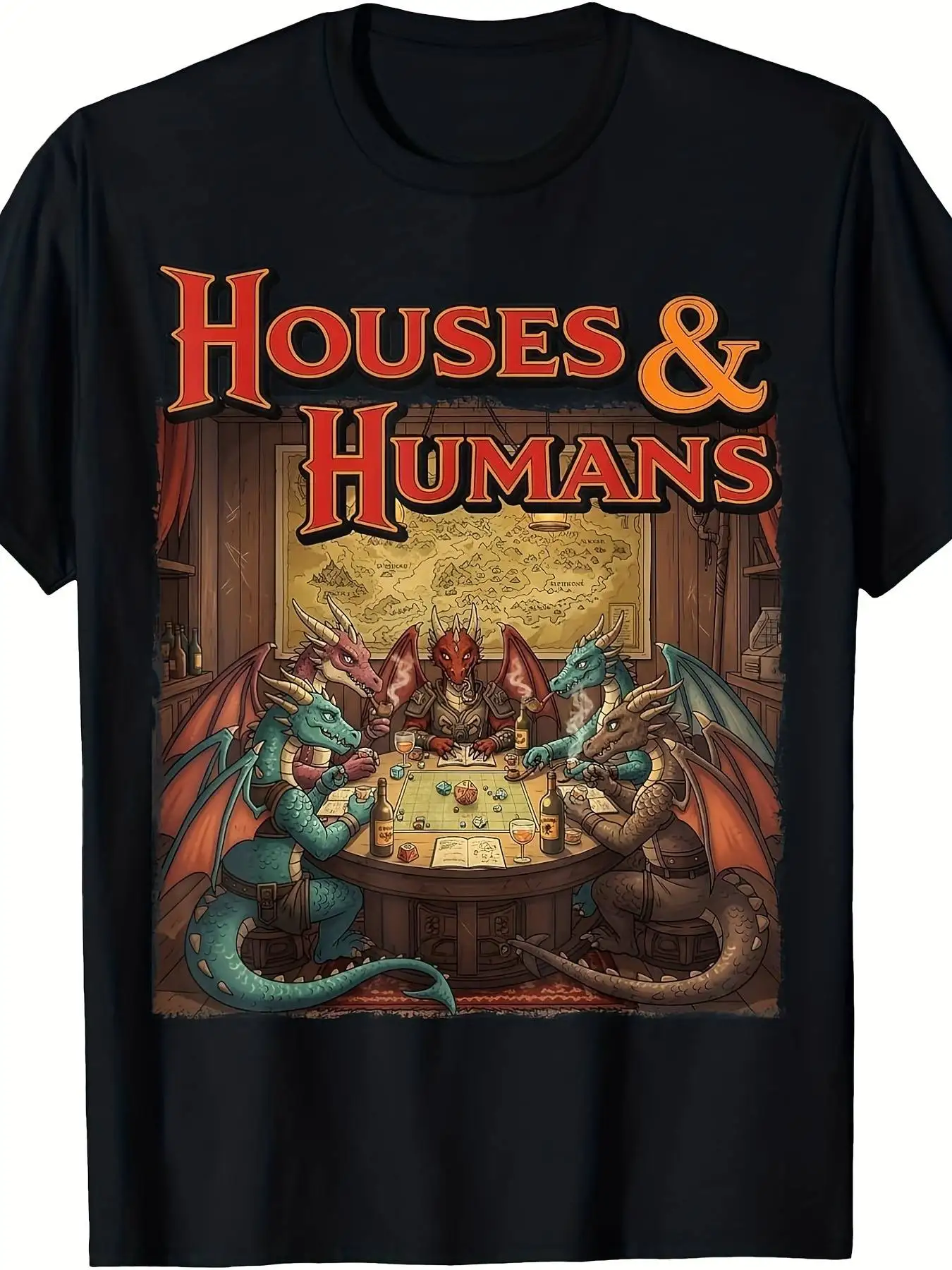 Men's And Boys' Houses And Humans RPG TShirt DD Inspired Tabletop Gaming Tee with Dragon And Wizard Card Symbols Soft Breathable Retro Casual Short Sleeve Shirt for Gamers DD PartiesRetro Casual Crew Neck Printed T-Shirt